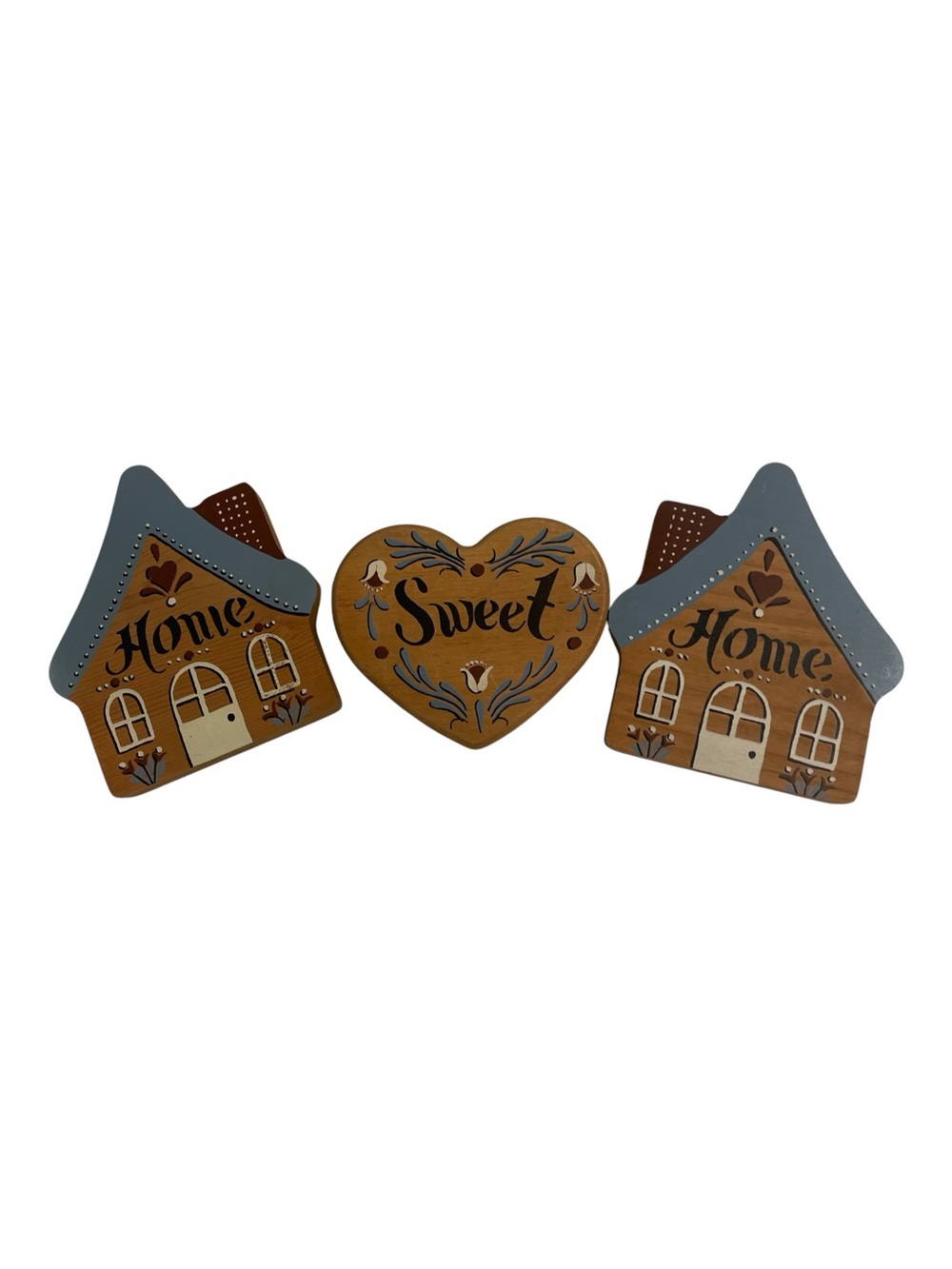 Vtg Folk Art Wooden Wall Plaques Home Sweet Home 3 Piece Set Hand Painted Blue